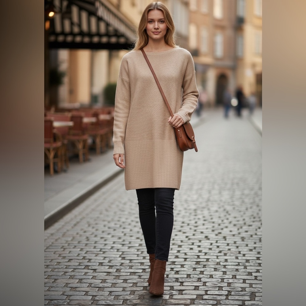 Neiman Marcus Cashmere Camel Tan Beige Crewneck Sweater Tunic Size M